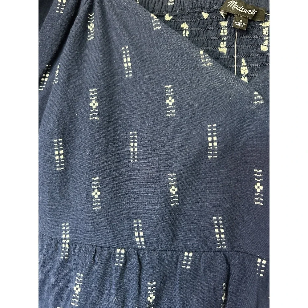 Madewell Womens Jacquard Puff Sleeve Babydoll Top Navy Embroidered Sz S NF205